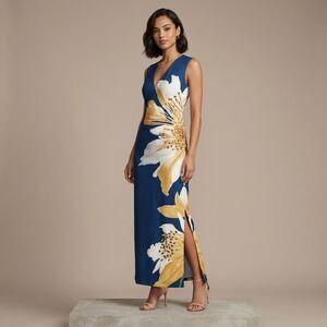 NWT Made With Love Floral Surplice V-Neck Sleeveless Midi Dress Blue Size Small